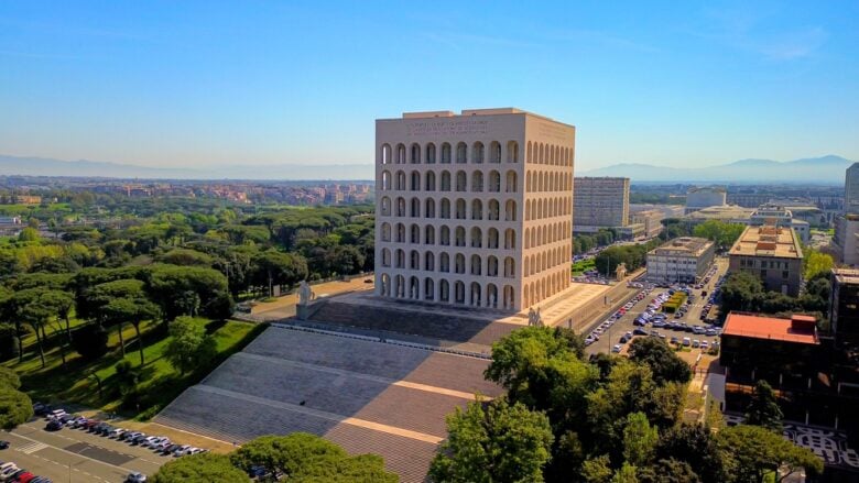 Aerial,View,Of,Palazzo,Della,Civiltà,Italiana,On,A,Sunny