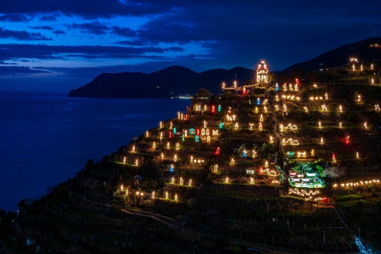 Illuminated,Nativity,Scene,On,The,Top,Of,A,Hill,Over