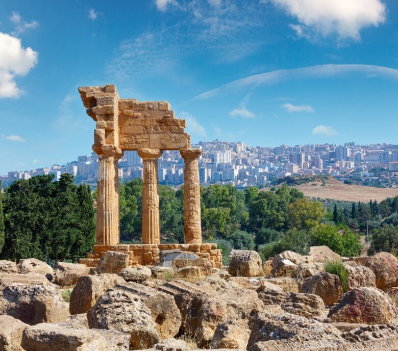 Temple,Of,Dioscuri,(castor,And,Pollux),With,Agrigento,Town,In