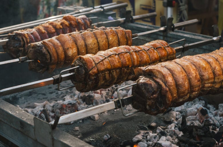 Traditional,Roast,Of,Italian,Porchetta,Over,Charcoal,Over,Low,Heat