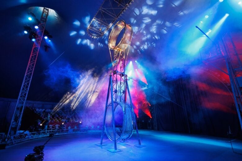 Circus,Equipment,With,Colorful,Spotlights.,Rays,Of,Light,In,The
