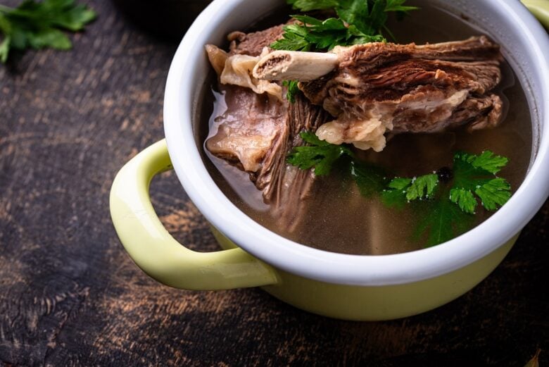 Boiled,Bone,Broth,Or,Bouillon,With,Meat