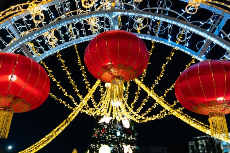 Russian,City,Square,At,Night,Decorated,With,Chinese,Red,Lanterns.
