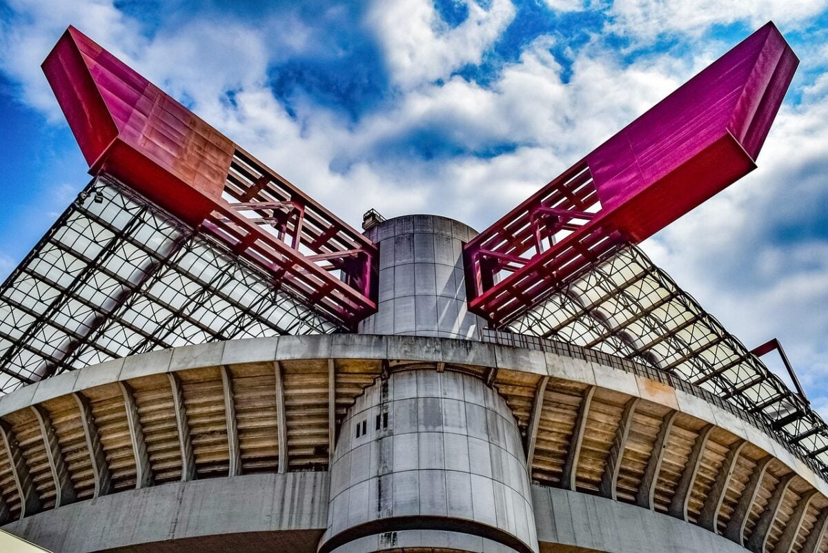 stadium, architecture, construction, modern, contemporary, futuristic, design, exterior, geometric, famous, sky, nature, clouds, san siro, giuseppe meazza, milan, milano, italy