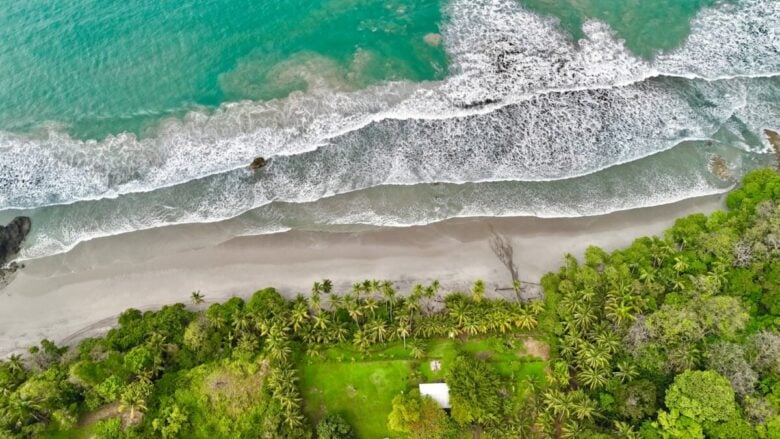 An aerial view of a beach and ocean