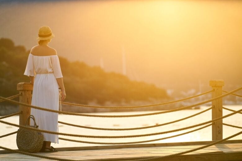 holiday, woman, alone, sunset, sun, romantic, to wait, nature, fashion, white, dress, summer, girl, sea, happy, that, people, youth, person, beauty, tropical, sunny, trip, relaxing, relaxation, view