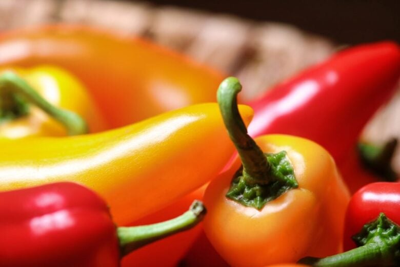 Colorful close-up of fresh red and yellow peppers, ideal for healthy cooking and nutrition.