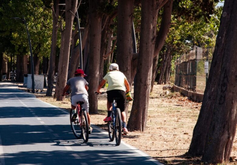 Two cyclists enjoying a sunny ride along a tree-lined path outdoors in summer.