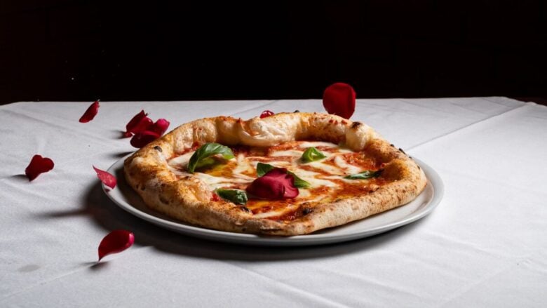 A beautifully presented Margherita pizza with fresh basil on a white tablecloth, surrounded by rose petals.