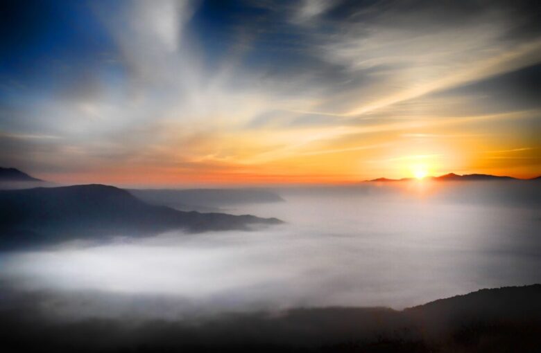 clouds, sunset, fog, mountains, sea of clouds, sunrise, sun, dusk, nature, dawn, twilight, skyscape, mist, atmosphere, weather