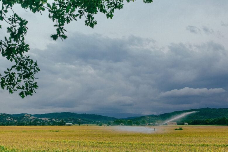 Picturesque scenery of yellow field sprinkling with water of irrigation system mountains and cloudy sky in summer day